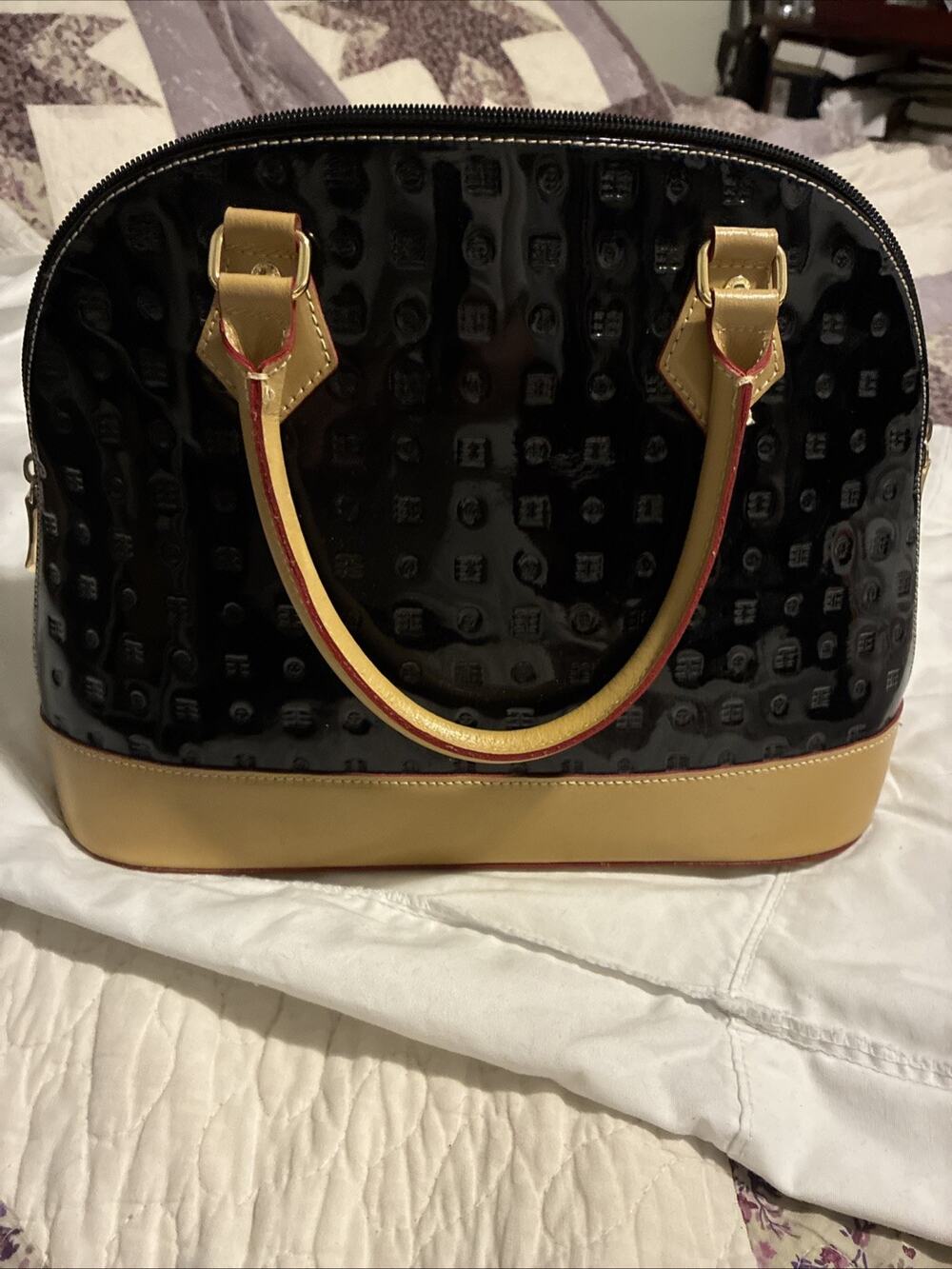 Arcadia Italy Dome Satchel Purse Black Embossed Patent Leather Tan & Red Trim